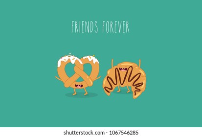 This is vector illustrations. The funny croissant and pretzel are friends forever. You can use for cards, fridge magnets, stickers, posters.