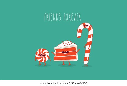 This is vector illustrations. The red velvet piece of cake with red candy. You can use for cards, fridge magnets, stickers, posters.