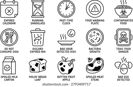 This vector ilustration set features icons for expired and spoiled food, such as rotten fruit, moldy bread, and contaminated meals. It includes warnings for toxic food danger and general food safety, clearly indicating items unfit for consumption.