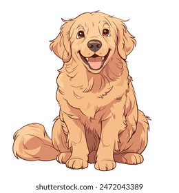 Dies ist ein Bild der Vektorgrafik einer Comic-Illustration eines fröhlichen Golden Retriever Hundes, der mit offenem Maul und offener Zunge nach oben blickt. 