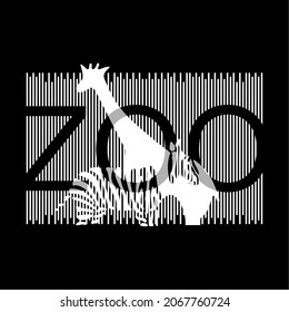 This vector image contains the words "ZOO" with the image of a zebra and a giraffe. This image can be used for t-shirts or other graphic purposes.