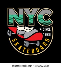 This vector image contains the words "NYC SKATEBOARD" and several supporting syllables.  This image can be used for t-shirts or other graphic purposes.
