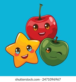 This vector image is a delicate and bright composition of cute characters - a star, a cherry and an apple. Perfect for children's illustrations, holiday cards, or just to brighten the mood!