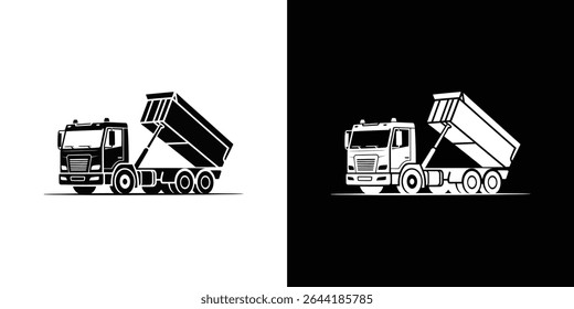 This vector image depicts a black-and-white graphic of a dump truck with its bed raised. The illustration shows a heavy-duty vehicle designed for construction and transport.