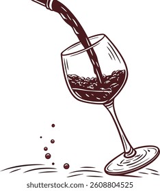 This vector image depicts a glass of wine being poured from a bottle. The wine glass is tilted, and there are droplets and splashes around it, suggesting motion.