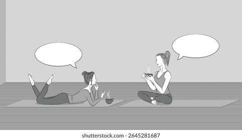 Esta imagem vetorial retrata duas mulheres conversando e desfrutando de chá após ioga em um espaço de relaxamento sereno. Ambas as mulheres são renderizadas em um estilo simples de desenho animado ou ilustração vetorial com um monocromático 