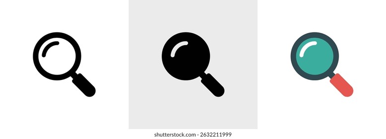 This vector image displays three magnifying glass icons. Each icon features a distinct color scheme against a clean, white background.