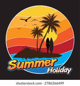 This vector image evokes a summer vacation scene, depicting a silhouette of a woman standing next to a surfboard on a small island flanked by two palm trees. The backdrop is a vibrant, streaky sunset in warm tones.