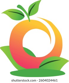 This vector image features an abstract design of a peach or mango fruit with fresh green leaf elements