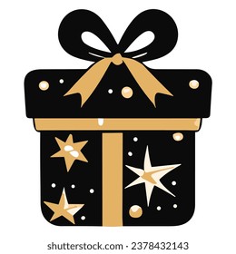 This vector image features a black gift box adorned with a lavish gold bow, creating an air of sophistication. The glossy finish adds a touch of luxury