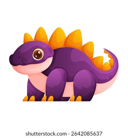This vector image features a charming, cartoonstyle baby Stegosaurus with vibrant purple skin, orange spikes, and big, expressive brown eyes. It looks very cute and friendly.