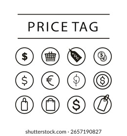 Esta imagem vetorial apresenta uma coleção de etiquetas de preço e ícones de moeda. O fundo transparente é um recurso valioso para os designers, permitindo fácil integração em vários projetos.