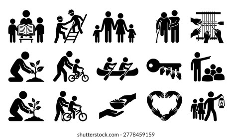 This vector image features a collection of black silhouettes against a light background, depicting various human figures engaged in different activities. The composition includes a woman holding a child’s hand, a group of people using crutches, a person in a wheelchair, a medical professional, and hands reaching through prison bars. The image conveys themes of diversity, healthcare, imprisonment, family, and social issues, making it versatile for use in editorial, social commentary, and advocacy projects.
