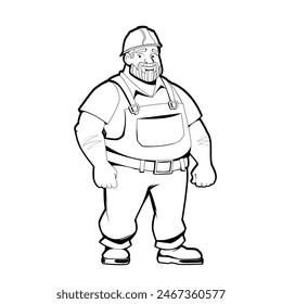 This vector image features a construction worker in overalls, done in black lines on a white background. The character is ideal for projects related to construction, architecture and renovation.
