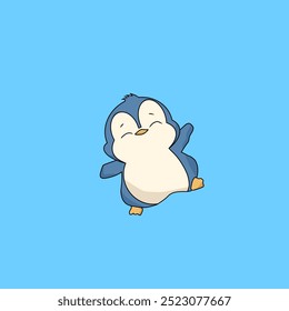 This vector image features a cute, cheerful baby penguin standing upright with a happy expression, eyes closed, and one wing raised as if waving. The penguin's body is mostly white with blue accents.