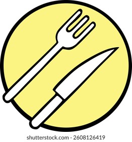 This vector image features a cutlery icon consisting of a fork and a knife