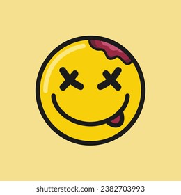 "This vector image features an emoticon with x-shaped eyes and a wound on the top of its head. It's perfect for tattoos, mascots, t-shirt designs, clothing, book covers, and more."