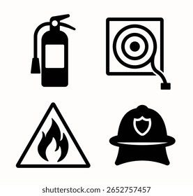 Esta imagem vetorial apresenta elementos essenciais de segurança contra incêndios, incluindo um extintor de incêndio, alarme, sinal de aviso e capacete, simbolizando a preparação para emergências.