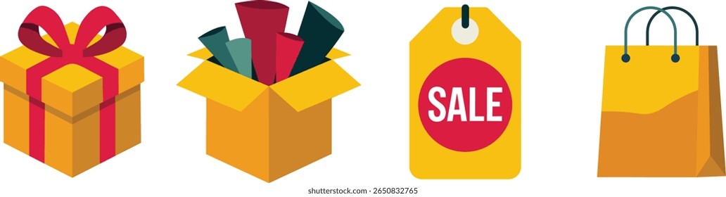 Esta imagem vetorial apresenta quatro elementos de compras, incluindo uma caixa de presente, caixa aberta, etiqueta de venda e saco de compras. Perfeito para promoções de lojas on-line, eventos de vendas e projetos de marketing de comércio eletrônico.