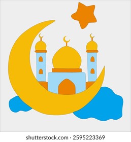 This vector image features an illustration of a mosque with three golden yellow domes and light blue walls.