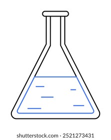 This vector image features a laboratory flask containing blue liquid with measurement lines. The simple design is in black and blue colors. Ideal for science education, chemistry, laboratory, research