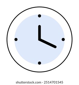 Esta Imagen de Vector presenta un reloj de pared minimalista en blanco y negro con una cara azul, marcadores de hora negros simples y agujas de hora y minutos negros. Ideal para diseño moderno, proyectos temáticos en el tiempo, infografía