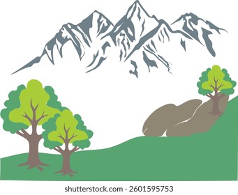 This vector image features a natural landscape with a mountainous setting