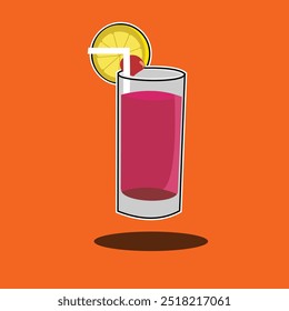 This vector image features a refreshing drink in a glass, garnished with a slice of lemon and cherry. The vibrant orange background adds a tropical feel, perfect for summer designs, menus, or beverage