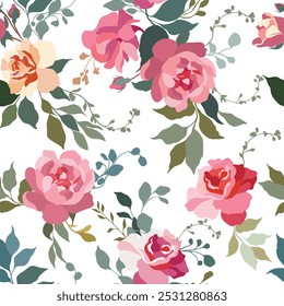 This vector image features a seamless floral pattern with pink, red, and orange roses, along with green and blue leaves on a cream background. It showcases beautiful detail and color variety.
