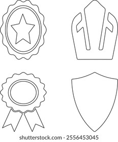 This vector image features a set of four distinct award and badge icons, including a star badge, a ribbon badge, a crown, and a shield. Perfect for use in certificates, achievements, and recognition.