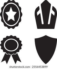 This vector image features a set of four distinct icons representing awards and achievements, including a star badge, ribbon medal, crown, and shield. Ideal for designs related to recognition, success