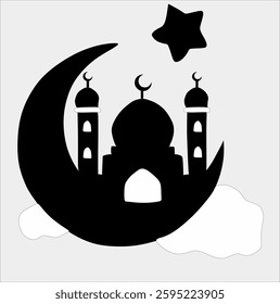 This vector image features a silhouette of a mosque with three black domes, each with a crescent moon symbol on top. The mosque is surrounded by a large crescent moon on the left, which is the main el