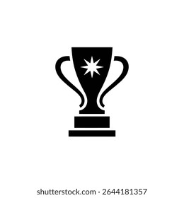 This vector image features a solid black trophy with handles on a tiered base, adorned with an eight-point star on the cup's body, isolated on white.