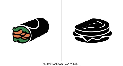 Esta imagem vetorial apresenta um envoltório de sushi com salmão e alface e um sanduíche, ambos isolados contra um fundo branco plano em um esquema de cores preto-e-branco.