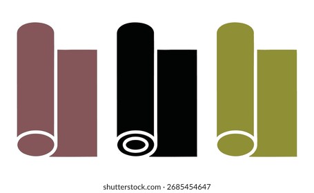 This vector image features three sets of stylized, rolled-up objects in a silhouette style. The objects are rendered in different colors: a muted brown, black, and an olive green. Each