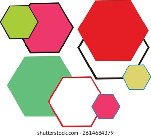 This vector image features various hexagon shapes with different sizes, colors, and lines