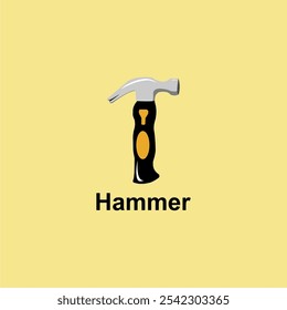 This is a vector image of a hammer with a yellow background suitable for use in the design of hand tool manufacturing businesses, building shops,