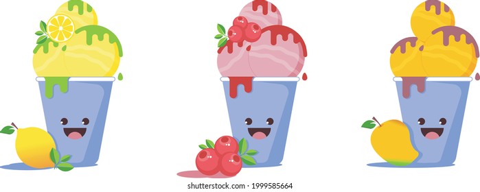 This is a vector image of an ice cream cup. These are three fruit ice-cream with jam, chocolate and fruit. The illustration can be used as an advertisement, postcard or stickers.