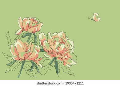 This is a vector image of pink peonies on a green background. Flowers are depicted as very delicate and airy. Can be used for printing invitations, congratulations, cards, posters, wallpapers.