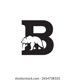 This vector image presents a striking contrast with its bold black letter B and a white bear walking within its form. The bear is seen walking towards the left.