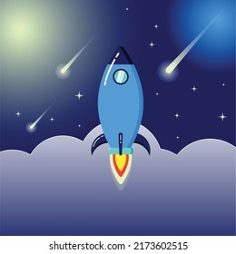 This is a vector image of a rocket gliding into space.