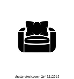 Esta imagem vetorial mostra uma silhueta preta de uma poltrona moderna, completa com uma almofada suave. É um ícone de mobiliário minimalista ideal para projetos de design.