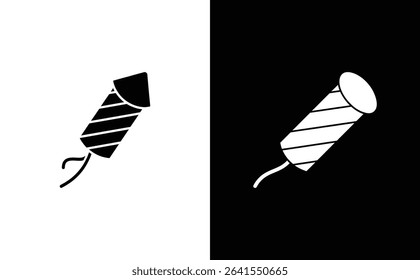 This vector image showcases a firecracker in both black on white and white on black, presented in a minimalist style suitable for icons or graphic design.