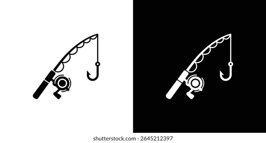 Esta imagem vetorial mostra uma vara de pesca com um gancho e bobina. O design é apresentado em preto sobre um fundo branco e branco sobre preto, proporcionando um ícone de ângulo versátil.