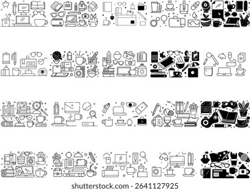 This vector image showcases a seamless pattern filled with detailed business and office icons, rendered in line art. It includes stationery, computers, and coffee elements.