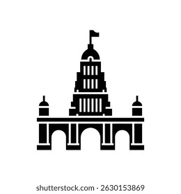 This vector image showcases a solid black silhouette of a regal palace or government building, complete with symmetrical arches and a small flagpole on top.