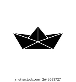 This vector image showcases a solid black silhouette of a paper boat, meticulously folded in an origami style, isolated against a clean white background.