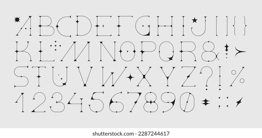 Dieses Vektorbild zeigt ein von Y2K inspiriertes Alphabet mit dünnen Linien und Sternelementen. Das Ergebnis ist eine saubere, moderne Ästhetik, die perfekt für digitale Designs und zeitgenössische Projekte ist.