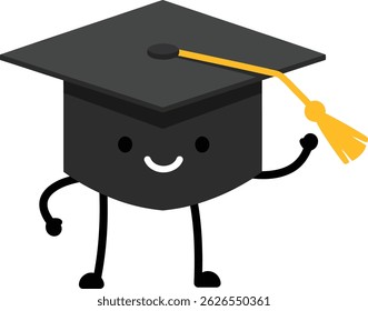 This vector image shows a black graduation cap with a cheerful face and yellow tassel, symbolizing academic achievement and celebration. The design is simple and joyful.