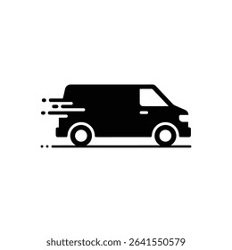This vector image shows a black silhouette of a delivery van moving quickly to the right, indicated by motion lines. Set on a clean white background.